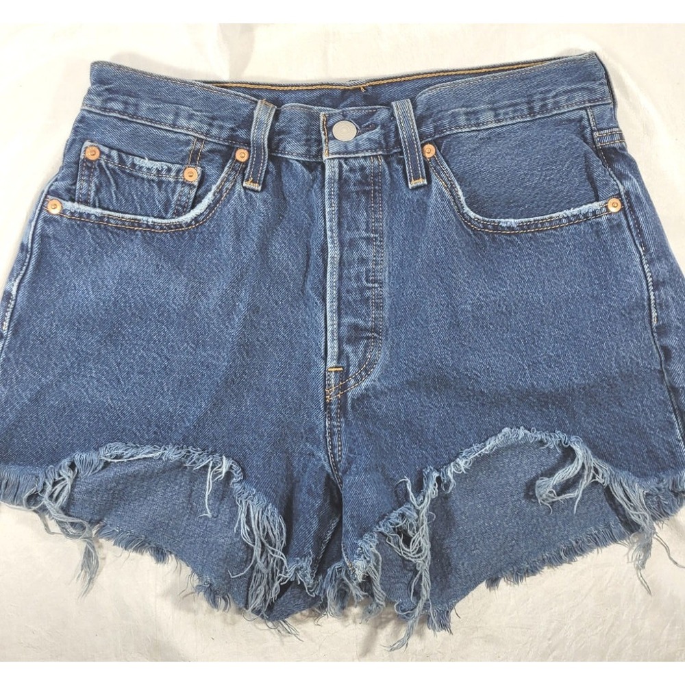 Levis 501 Women's Button Fly Distressed High Rise Denim Shorts - Blue - 28